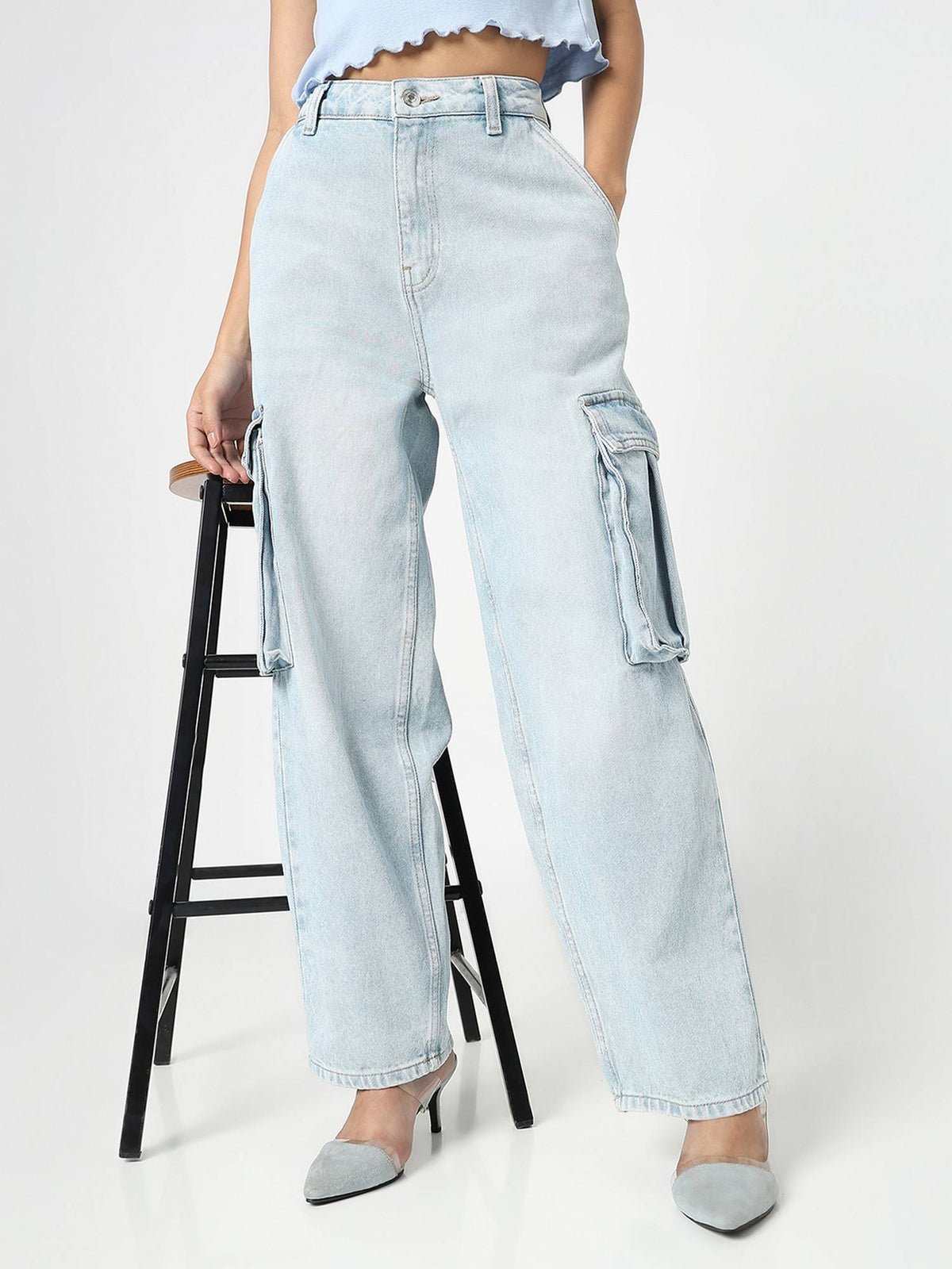 Women Blue Cotton Relaxed High-Waist Lightly Faded Wide-Leg Jeans | BG78 - view 1