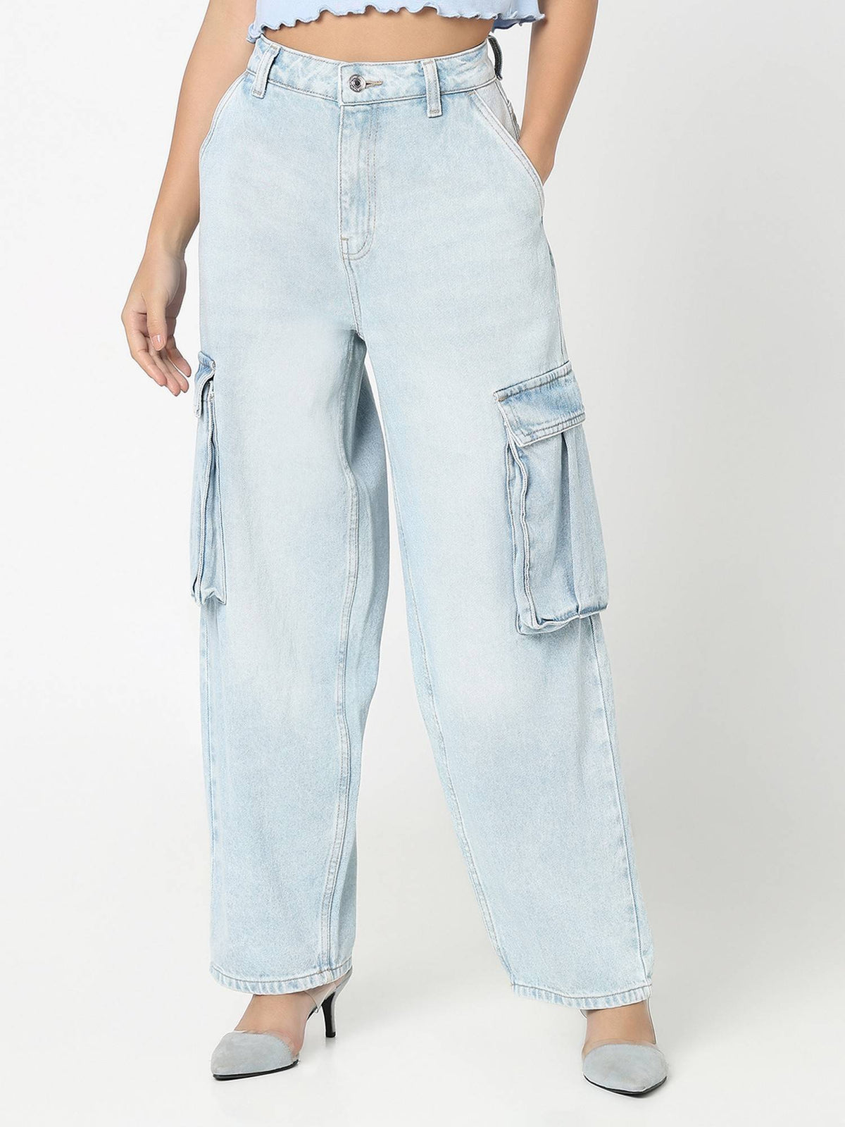Women Blue Cotton Relaxed High-Waist Lightly Faded Wide-Leg Jeans | BG78 - view 2