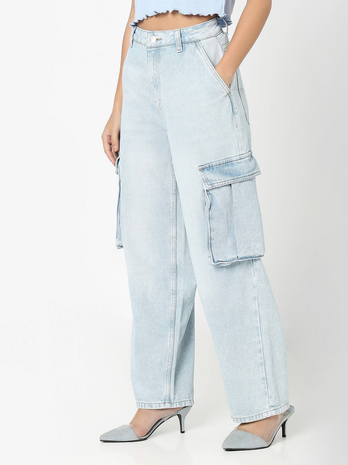 Women Blue Cotton Relaxed High-Waist Lightly Faded Wide-Leg Jeans | BG78 - view 3