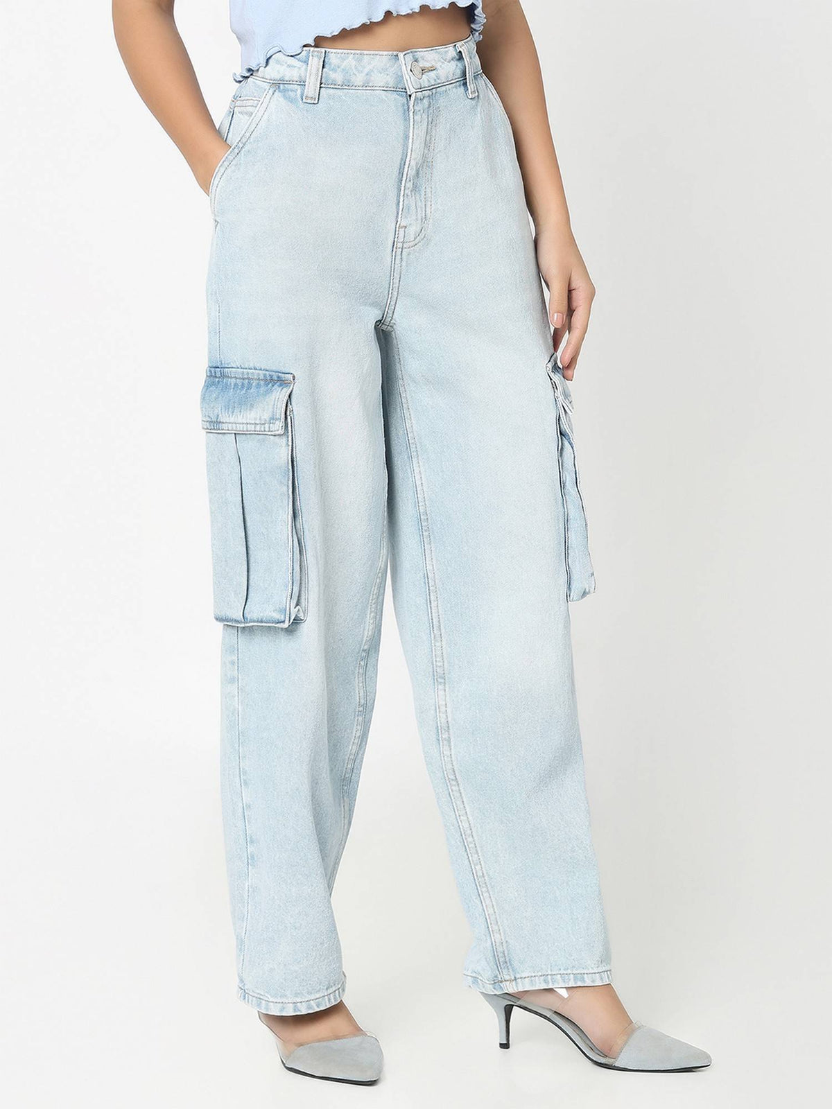 Women Blue Cotton Relaxed High-Waist Lightly Faded Wide-Leg Jeans | BG78 - view 4