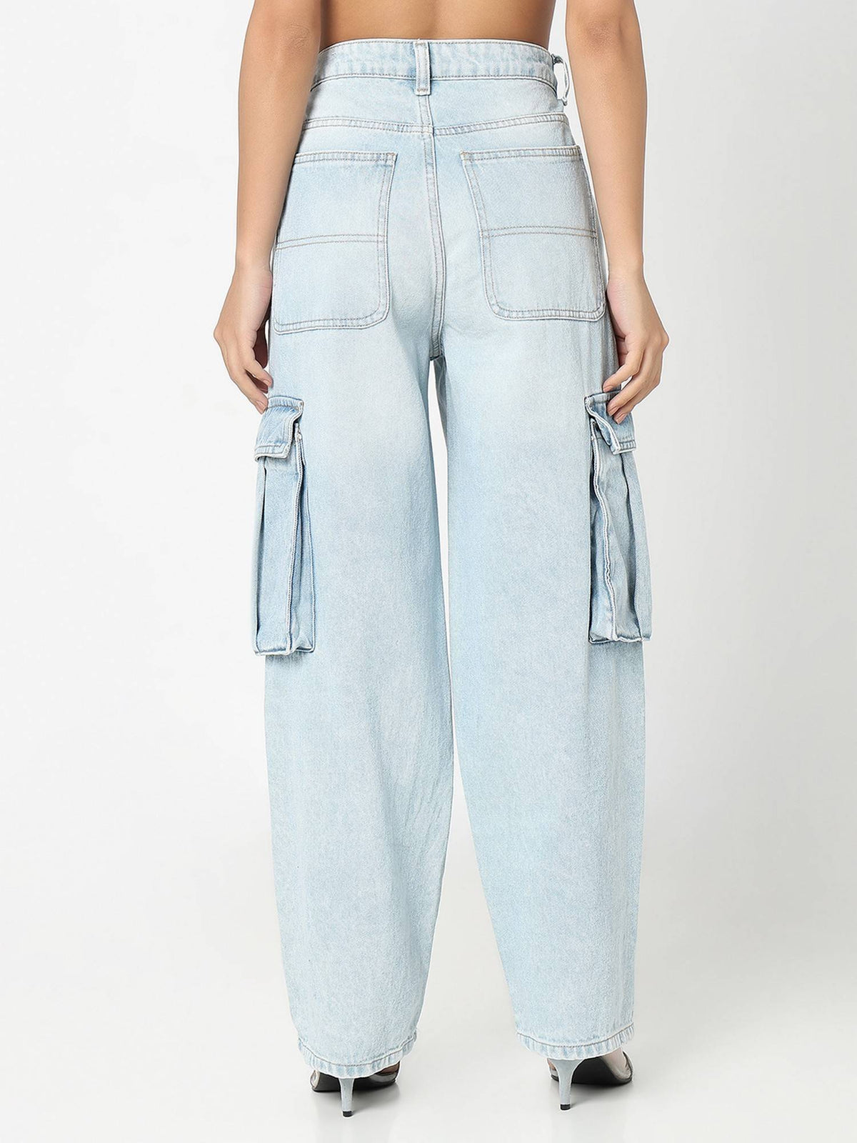 Women Blue Cotton Relaxed High-Waist Lightly Faded Wide-Leg Jeans | BG78 - view 5