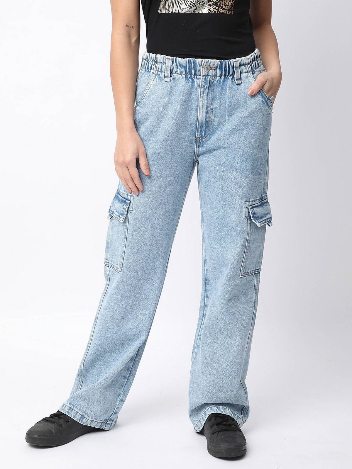Women Blue Cotton High-Rise Relaxed Fit Dyed Cargo Jeans | BG78 - view 1