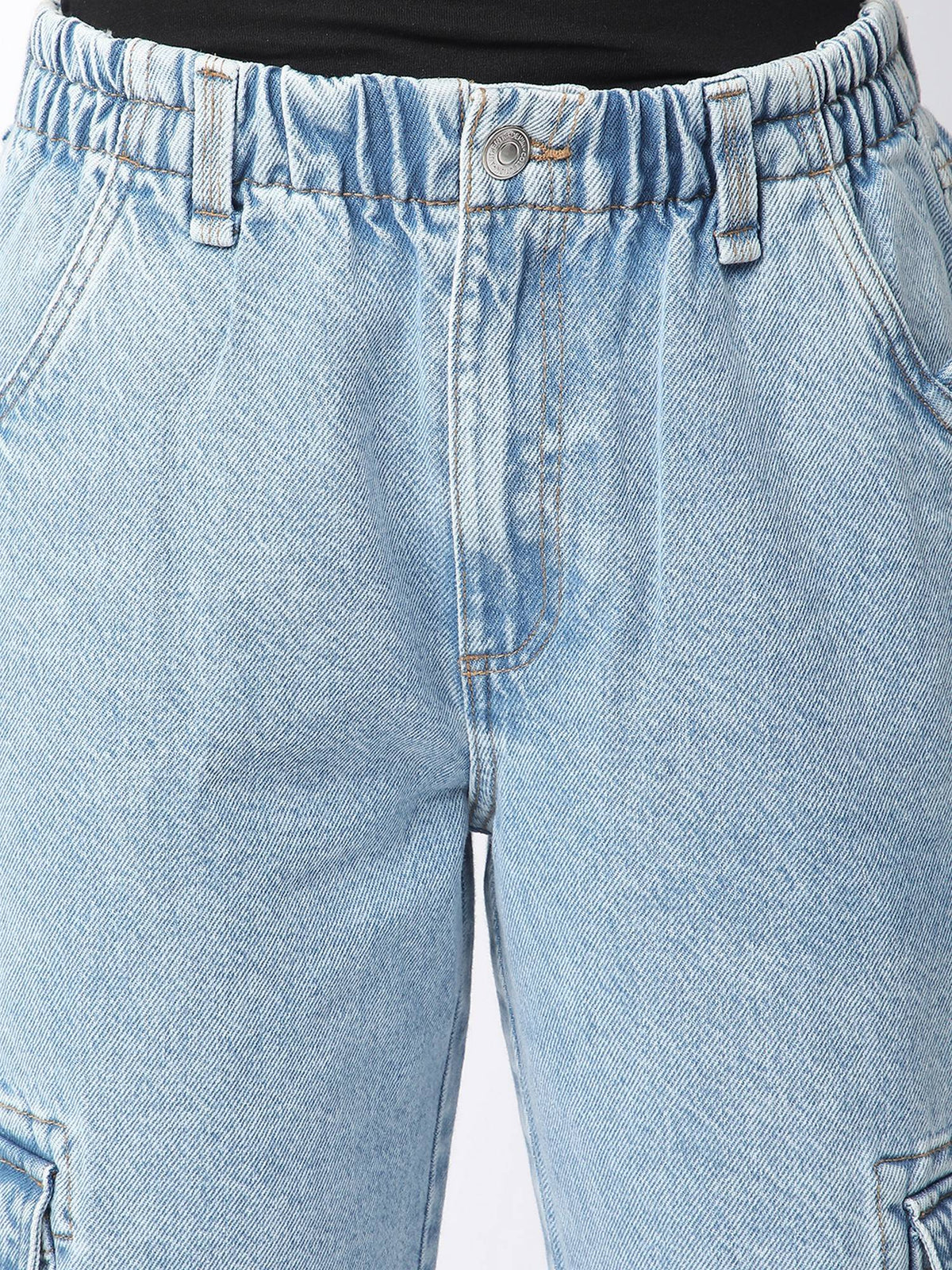 Women Blue Cotton High-Rise Relaxed Fit Dyed Cargo Jeans | BG78 - view 4
