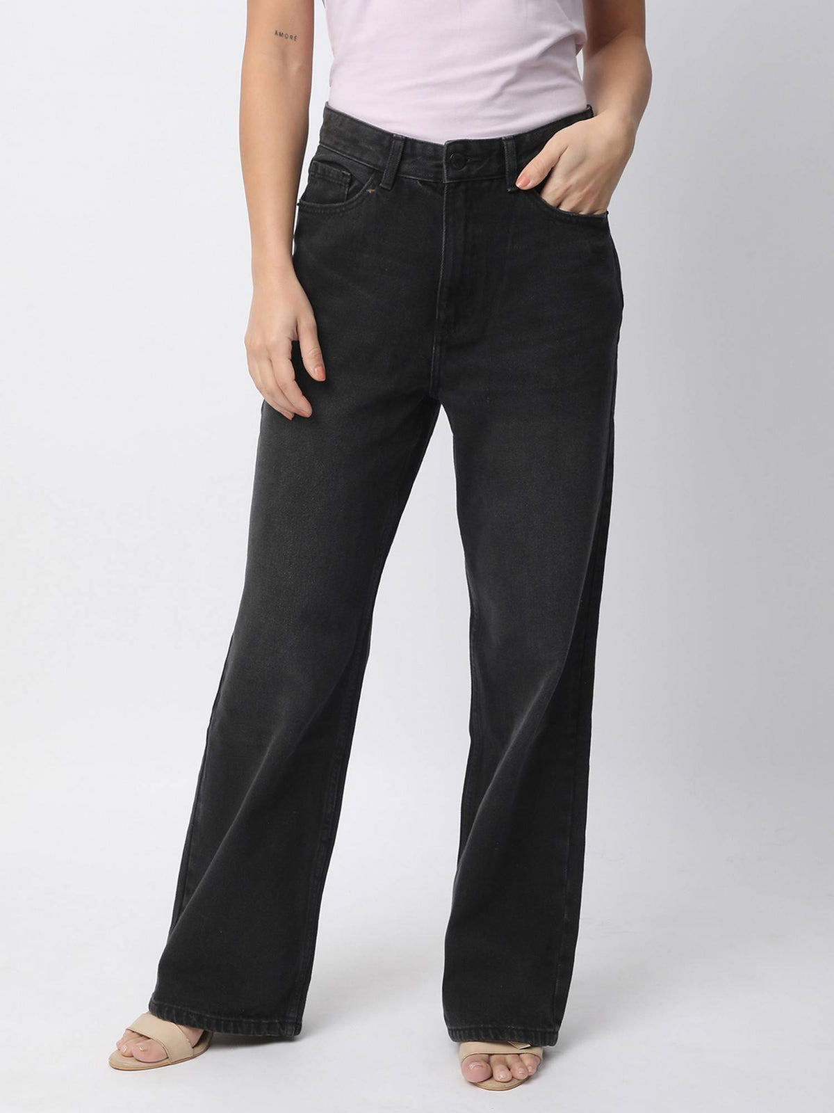 Women Black Cotton Relaxed High-Waist Clean Look Wide-Leg Jeans | RF89 - view 1