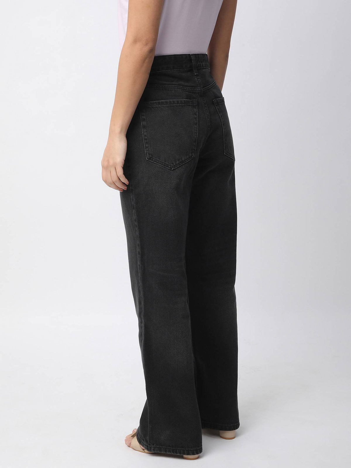 Women Black Cotton Relaxed High-Waist Clean Look Wide-Leg Jeans | RF89 - view 3