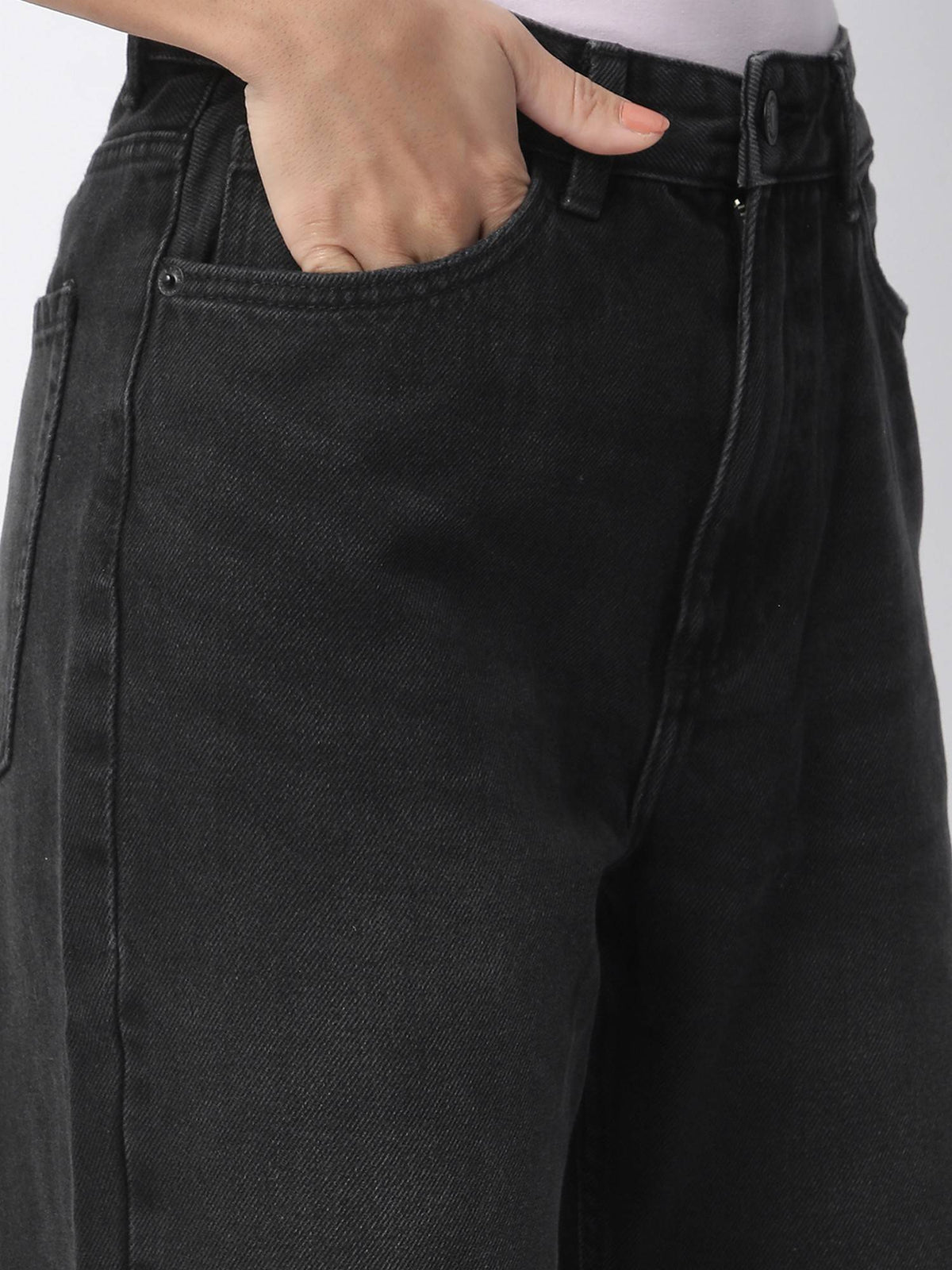 Women Black Cotton Relaxed High-Waist Clean Look Wide-Leg Jeans | RF89 - view 5