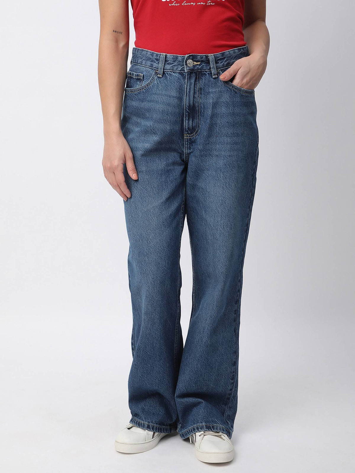 Women Blue Cotton Relaxed High-Waist Clean Look Wide-Leg Jeans | RF89 - view 1