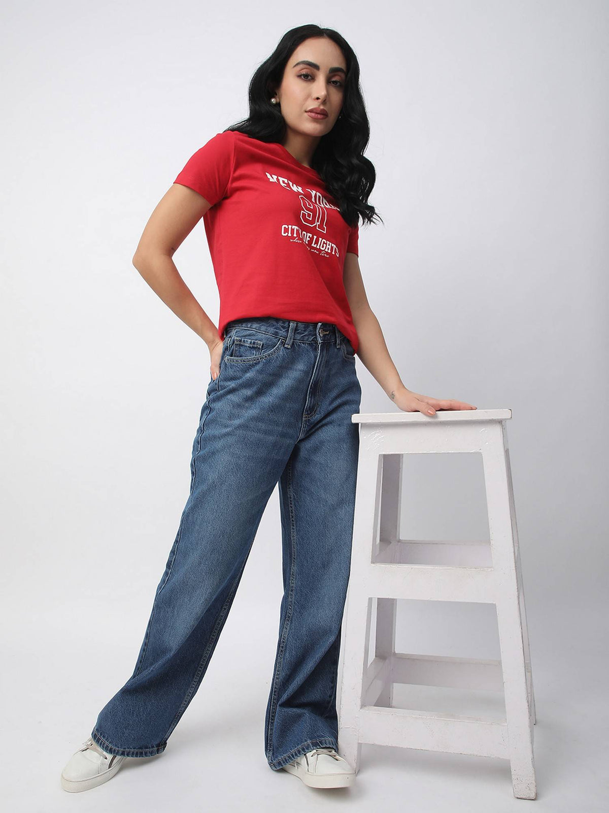 Women Blue Cotton Relaxed High-Waist Clean Look Wide-Leg Jeans | RF89 - view 2