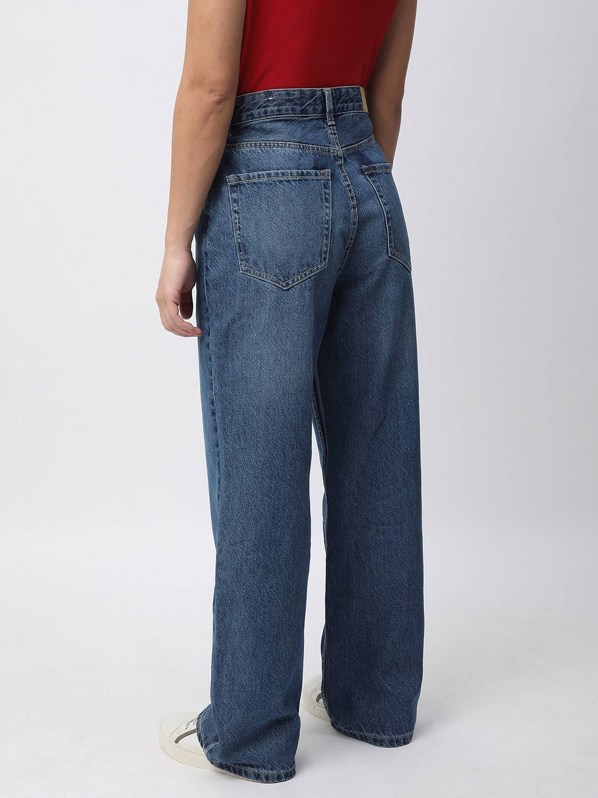 Women Blue Cotton Relaxed High-Waist Clean Look Wide-Leg Jeans | RF89 - view 3