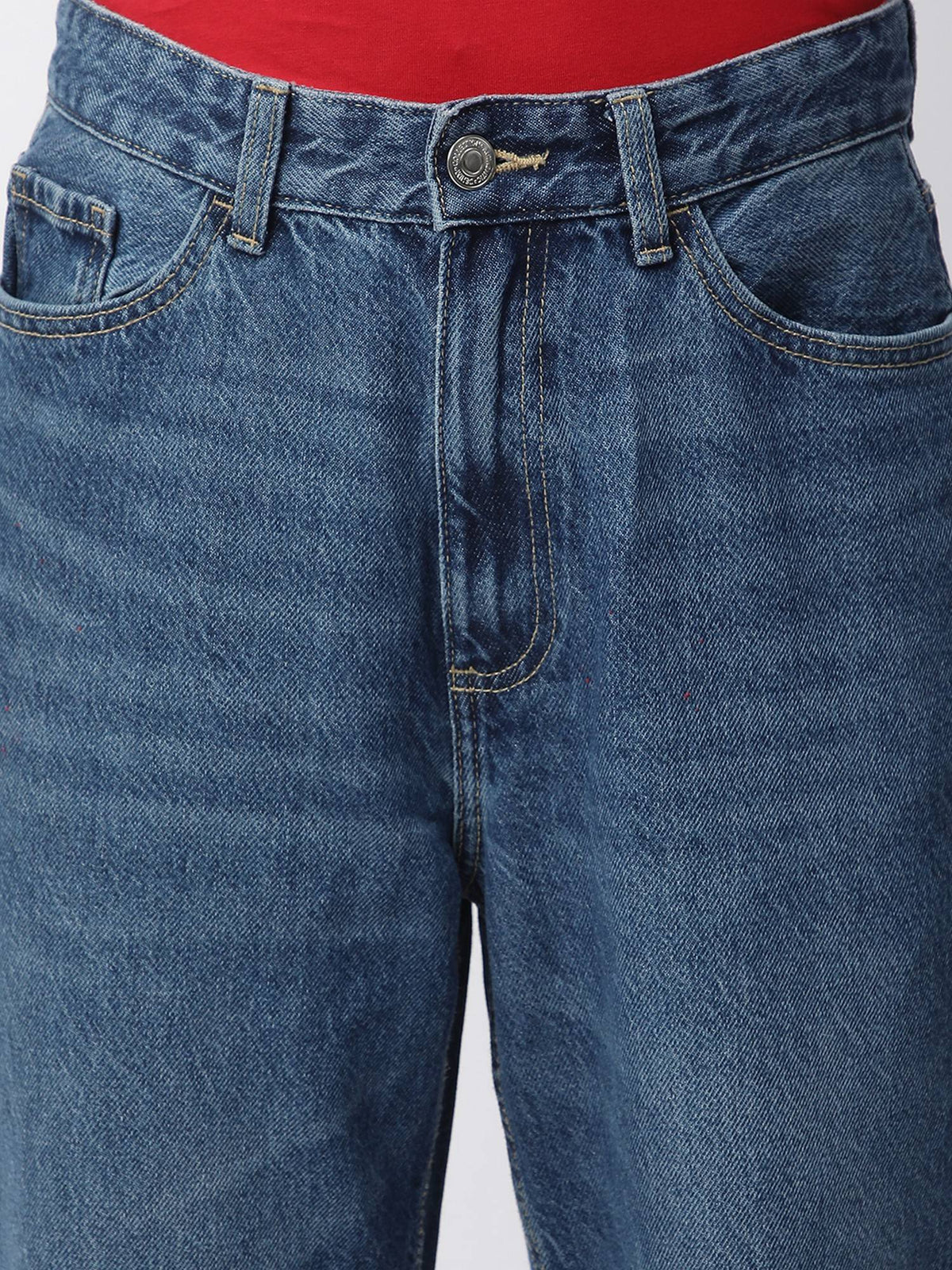 Women Blue Cotton Relaxed High-Waist Clean Look Wide-Leg Jeans | RF89 - view 4
