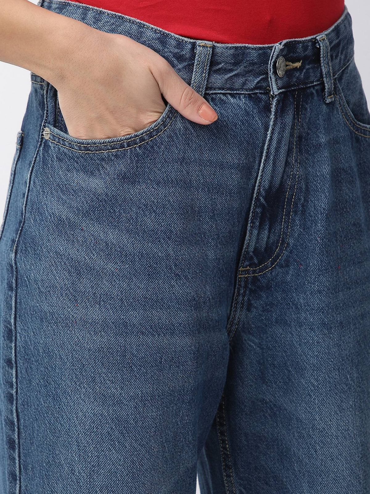Women Blue Cotton Relaxed High-Waist Clean Look Wide-Leg Jeans | RF89 - view 5