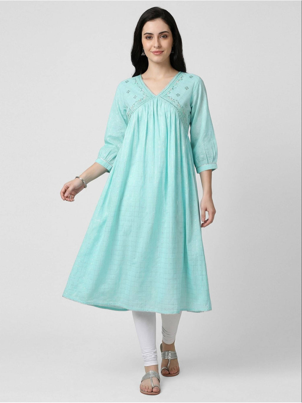 Women Blue Cotton Embroidered Flared Kurta | U3S - view 1