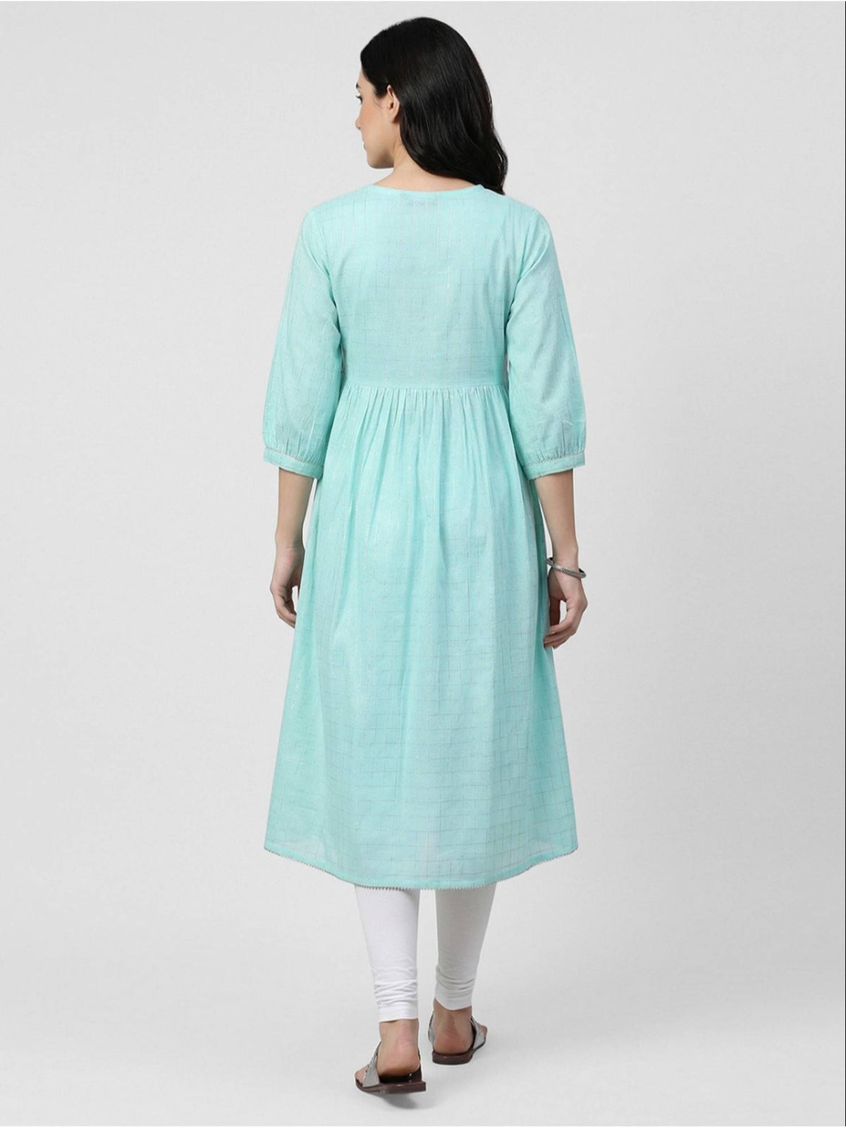 Women Blue Cotton Embroidered Flared Kurta | U3S - view 2