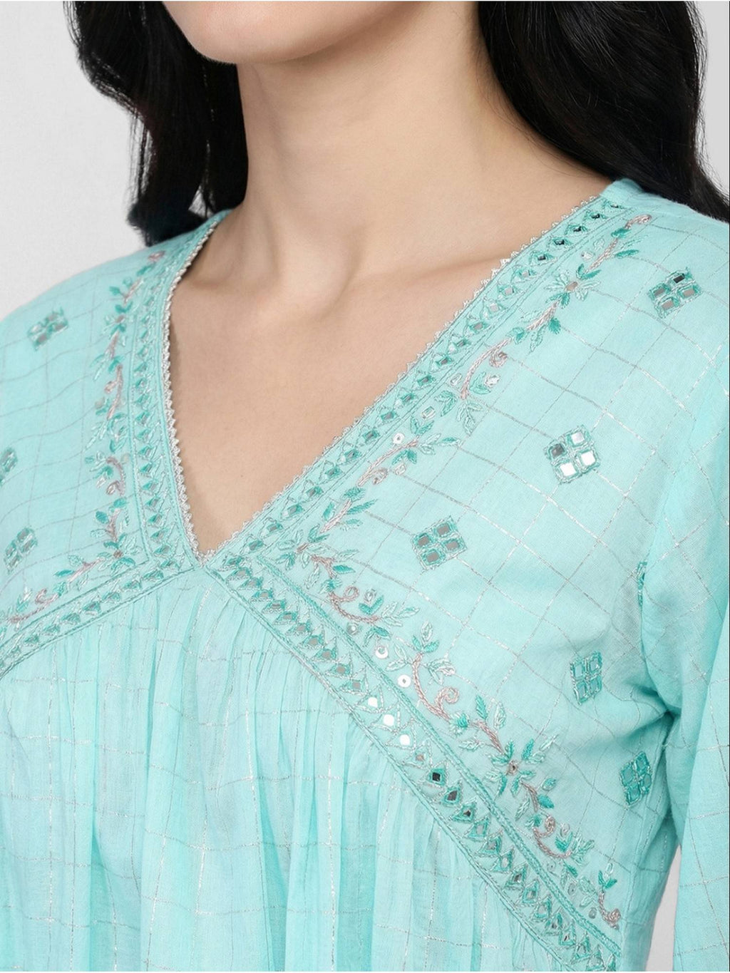 Women Blue Cotton Embroidered Flared Kurta | U3S - view 4