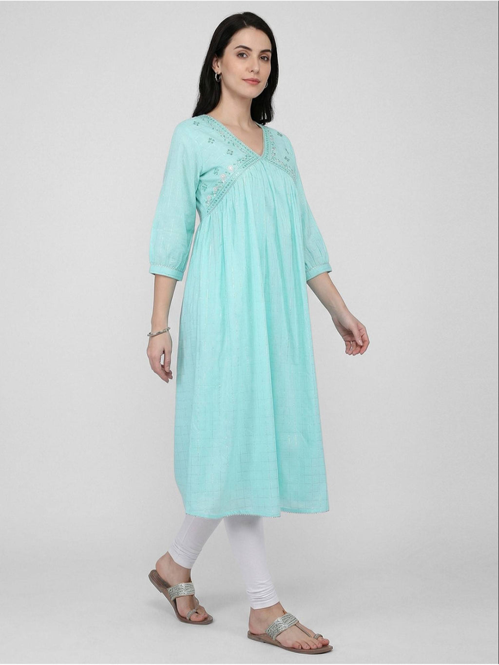 Women Blue Cotton Embroidered Flared Kurta | U3S - view 5