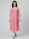 Women Pink Cotton Embroidered Flared Kurta | U3S - view 1