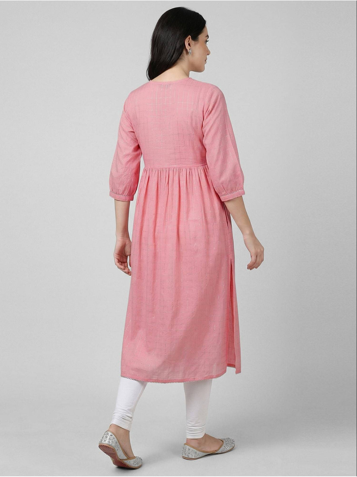Women Pink Cotton Embroidered Flared Kurta | U3S - view 2