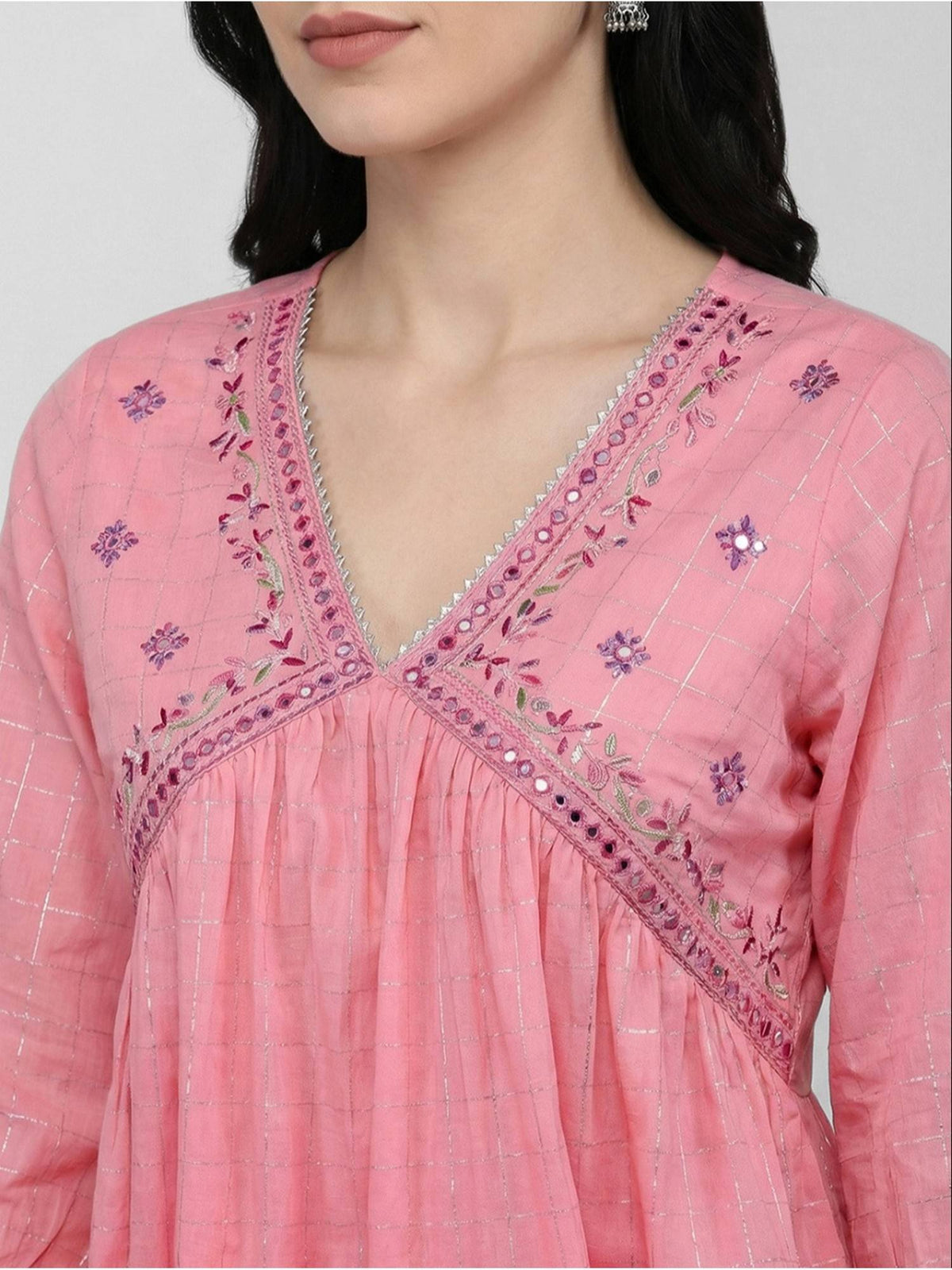 Women Pink Cotton Embroidered Flared Kurta | U3S - view 4
