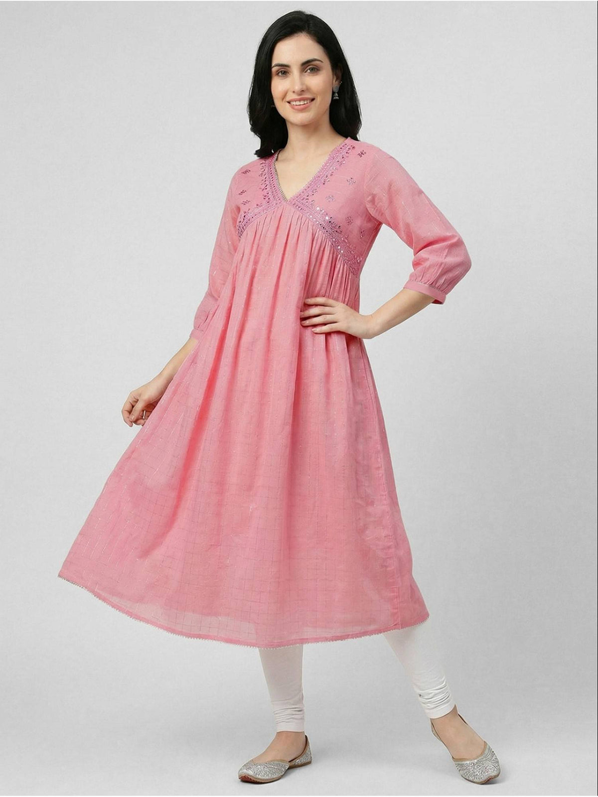 Women Pink Cotton Embroidered Flared Kurta | U3S - view 5
