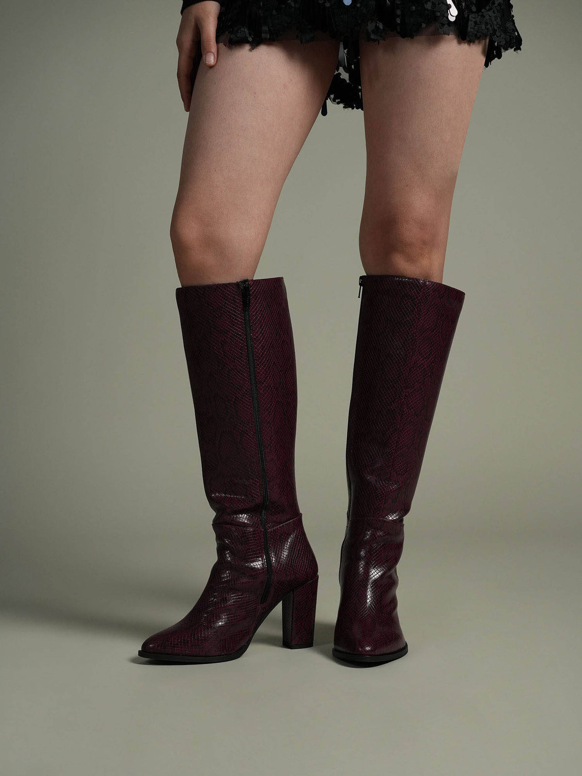 Women Nagini Burgundy Textured Block Heel Winter Boots | BT61 - view 1