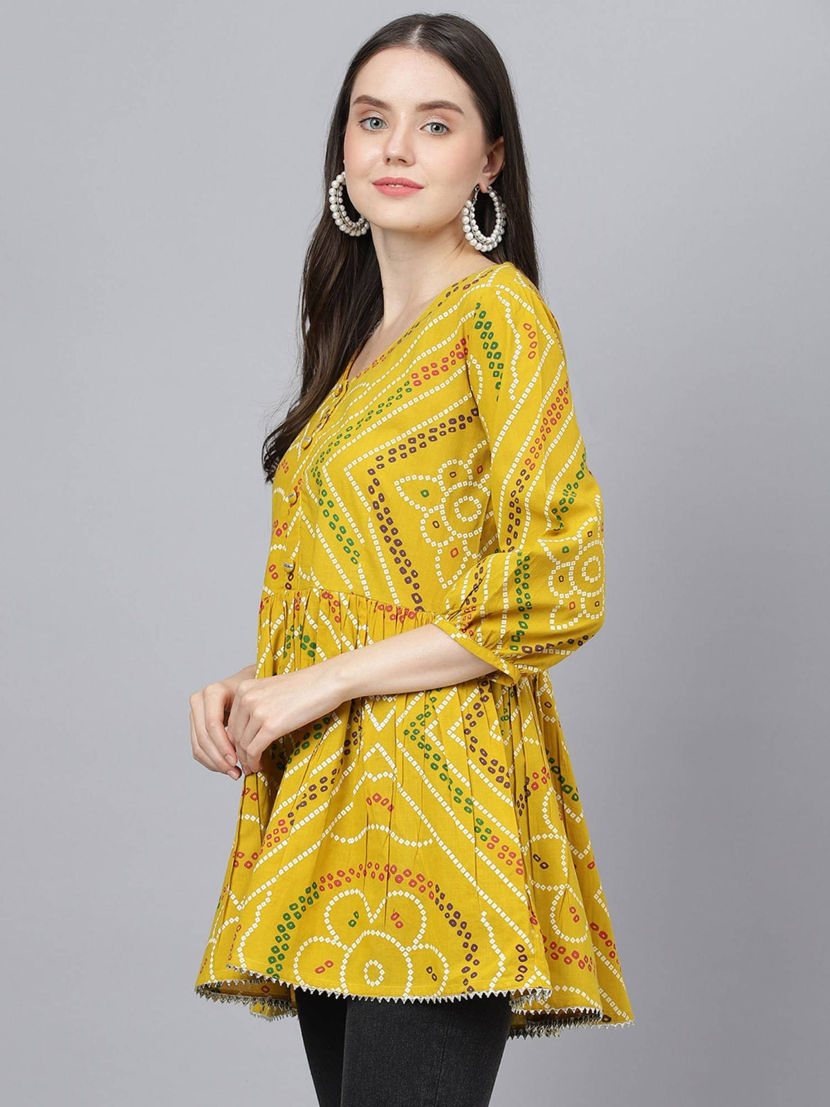 Mustard Bandhani Printed Cotton Peplum Top | pt51 - view 3
