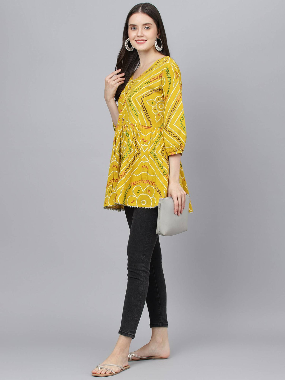 Mustard Bandhani Printed Cotton Peplum Top | pt51 - view 5
