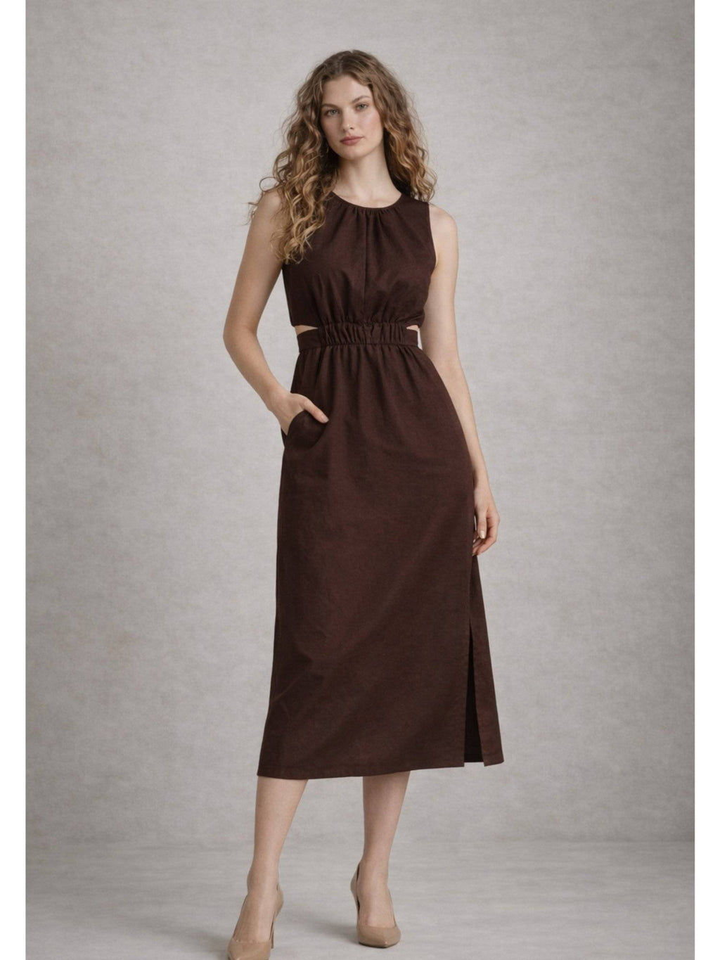 Coffee Brown Pure Cotton A-Line Dress | D56 - view 2