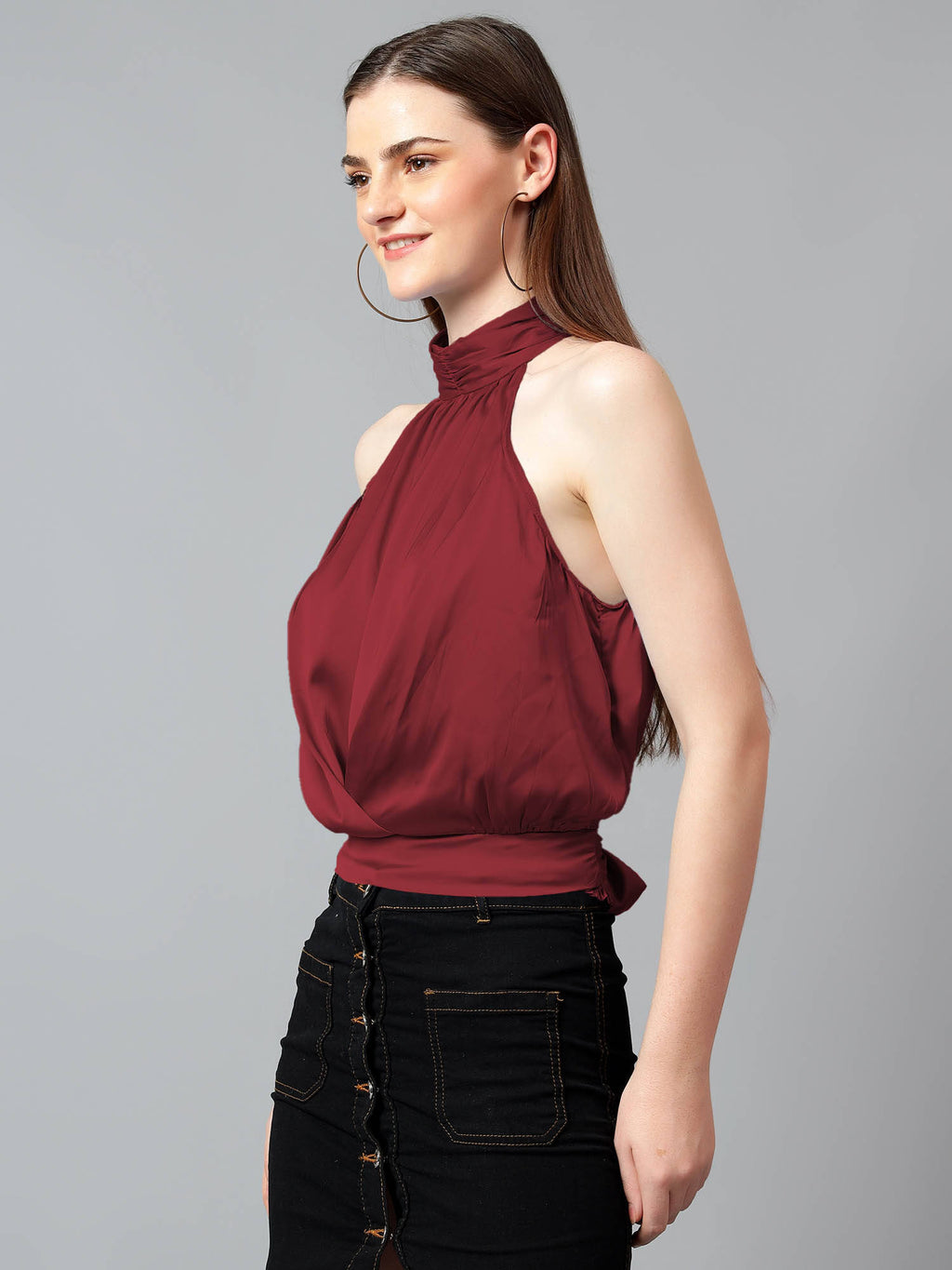 Women's Brown Solid Satin Halter Neck Sleeveless Top | HT67 - view 2