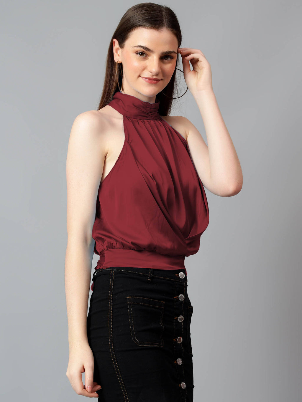 Women's Brown Solid Satin Halter Neck Sleeveless Top | HT67 - view 3