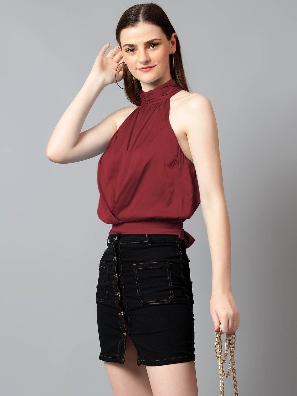 Women's Brown Solid Satin Halter Neck Sleeveless Top | HT67 - view 5