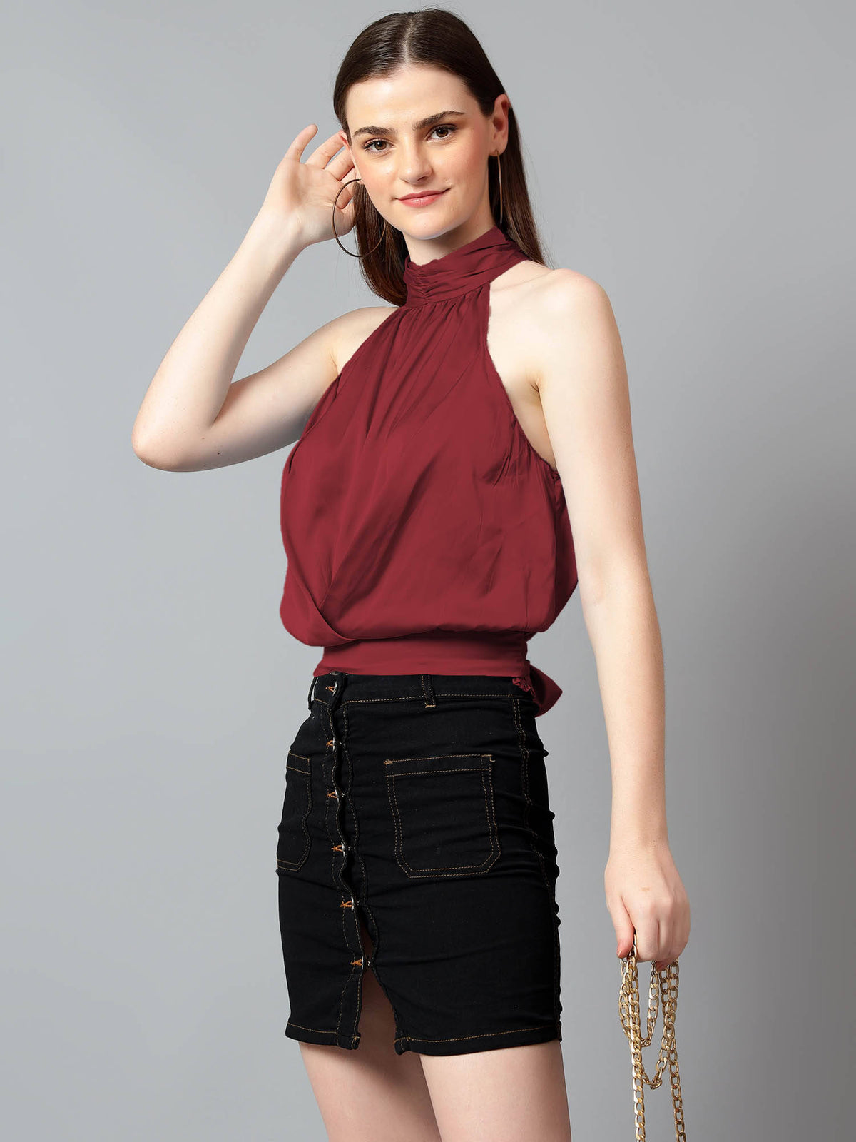 Women's Brown Solid Satin Halter Neck Sleeveless Top | HT67 - view 5