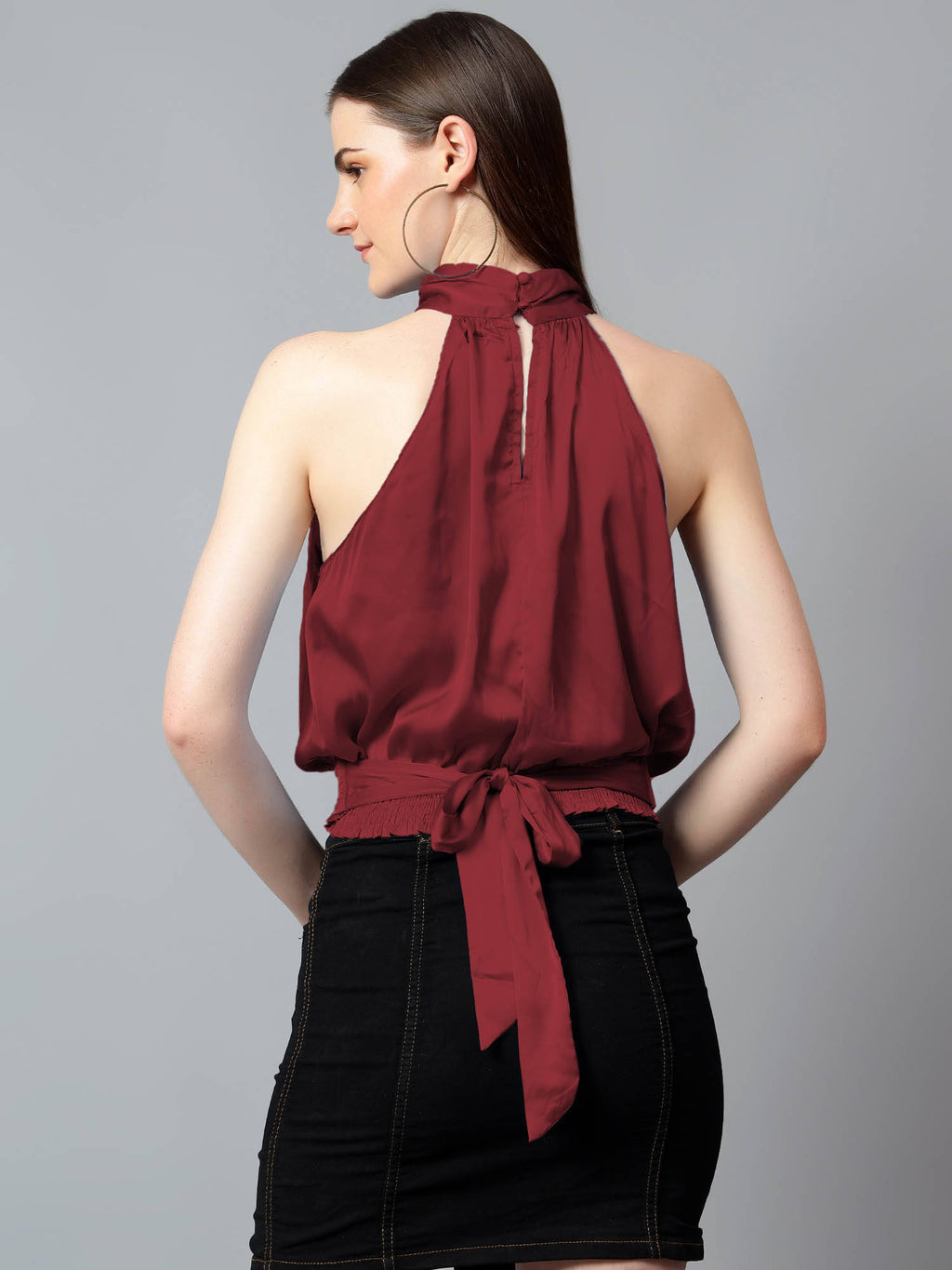 Women's Brown Solid Satin Halter Neck Sleeveless Top | HT67 - view 6
