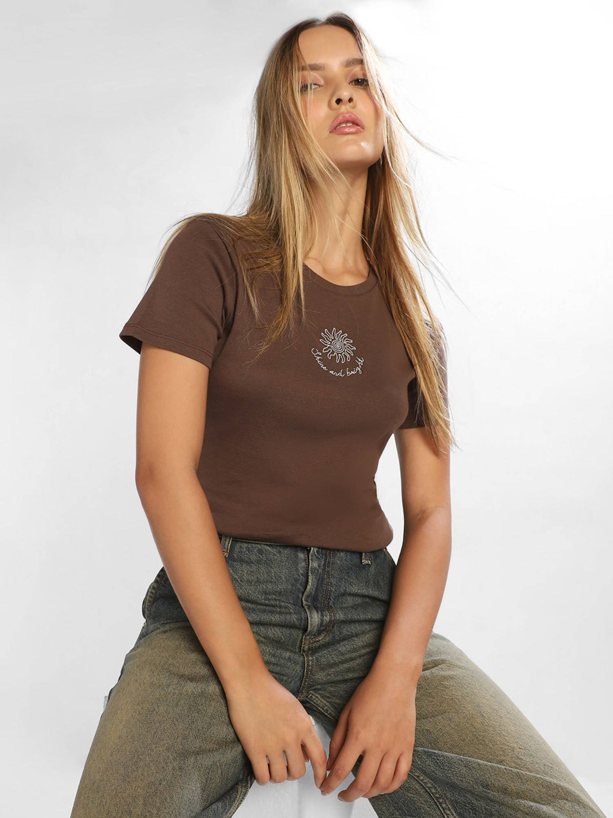 Women'S Embroidery Regular Fit Brown T-Shirt | TS56 - view 1