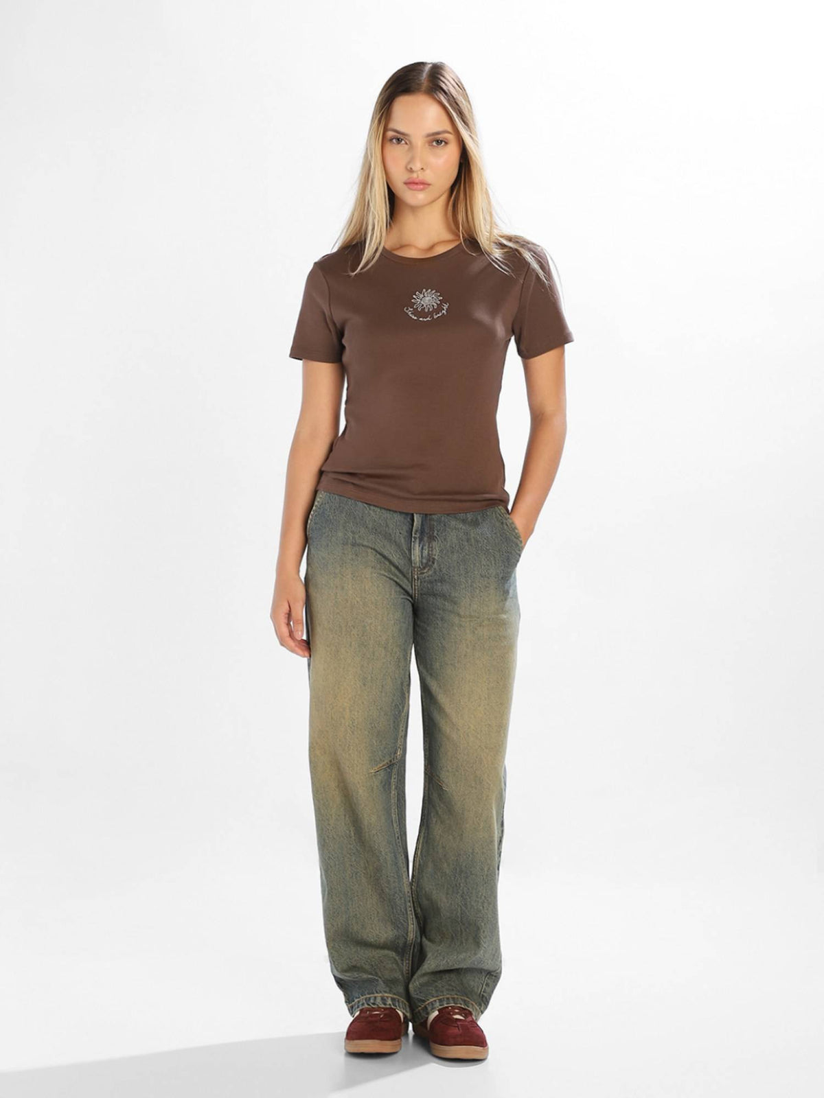 Women'S Embroidery Regular Fit Brown T-Shirt | TS56 - view 2