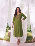 Women Green Rayon Embroidered Straight Kurta | U3S - view 1