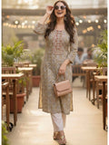 Beige Cotton Printed Embroidered Kurta | KDG - view 1