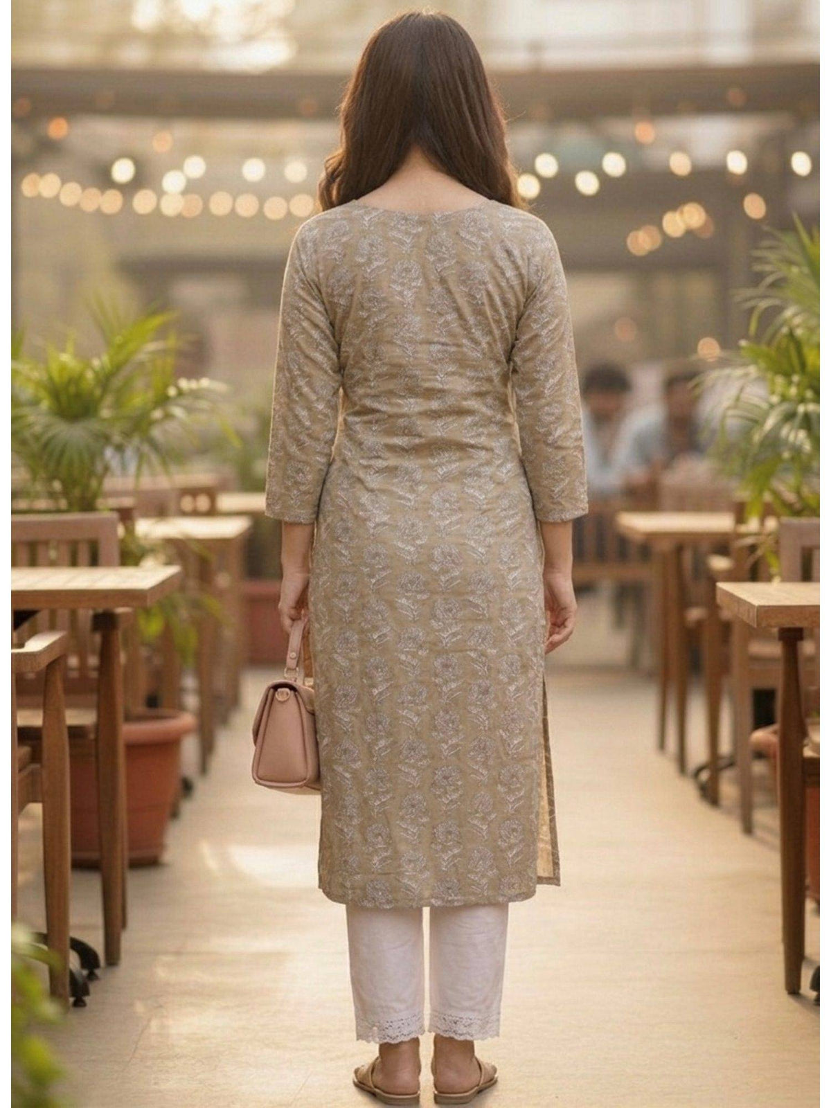 Beige Cotton Printed Embroidered Kurta | KDG - view 2