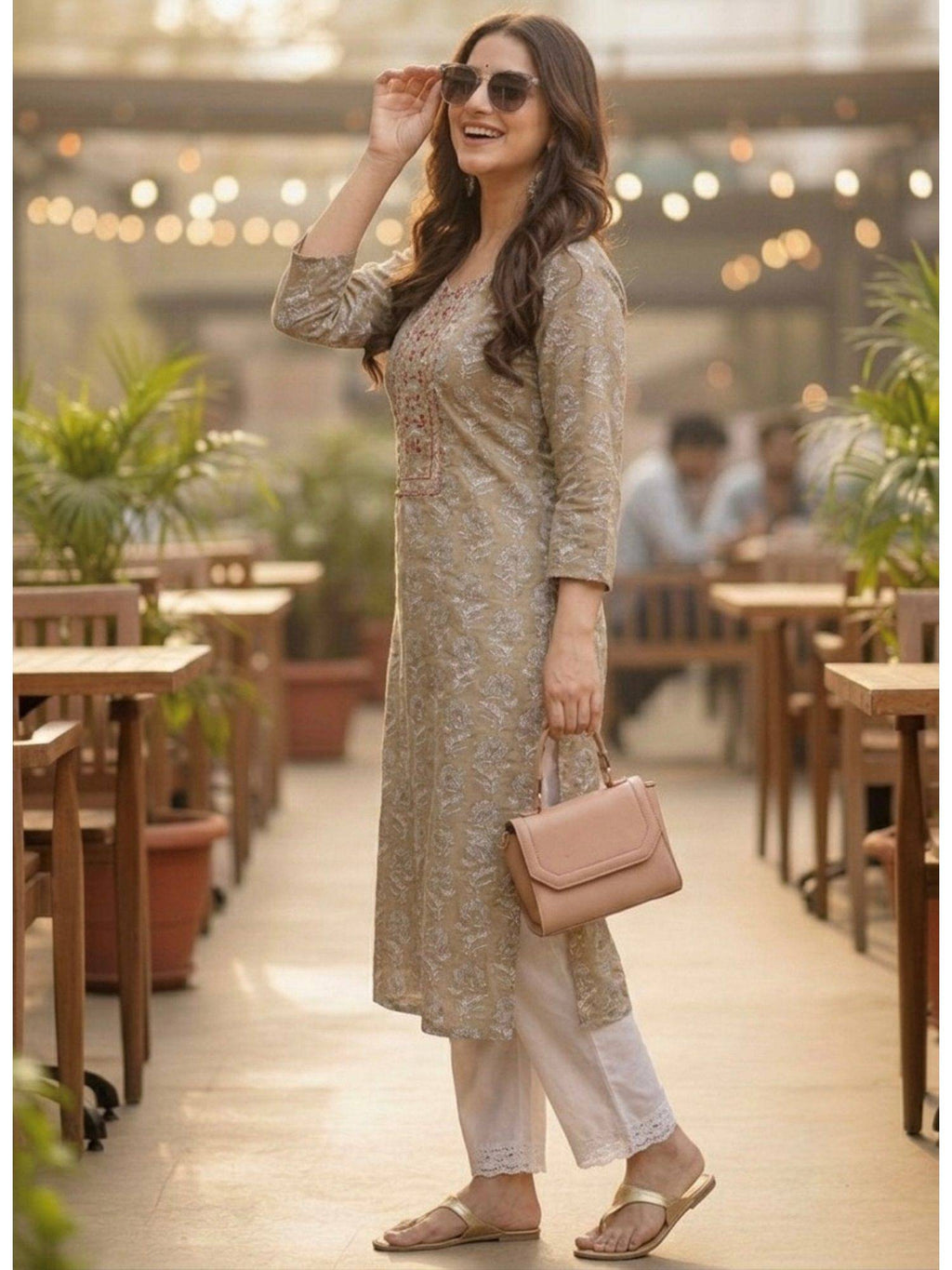 Beige Cotton Printed Embroidered Kurta | KDG - view 4