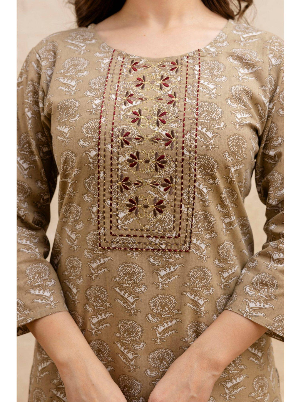 Beige Cotton Printed Embroidered Kurta | KDG - view 5