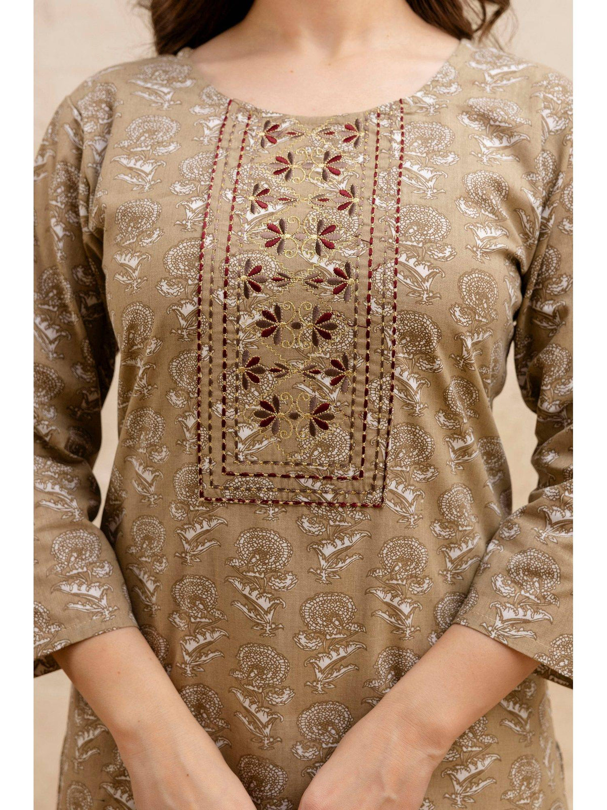 Beige Cotton Printed Embroidered Kurta | FY93 - view 5