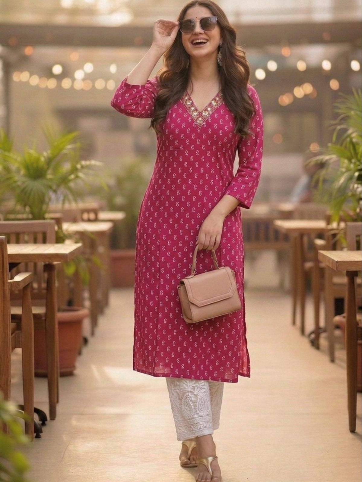 Magenta Cotton Printed Embroidered Kurta | U3S - view 1
