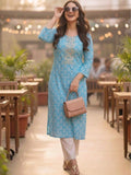 Blue Cotton Printed Embroidered Kurta | U3S - view 1