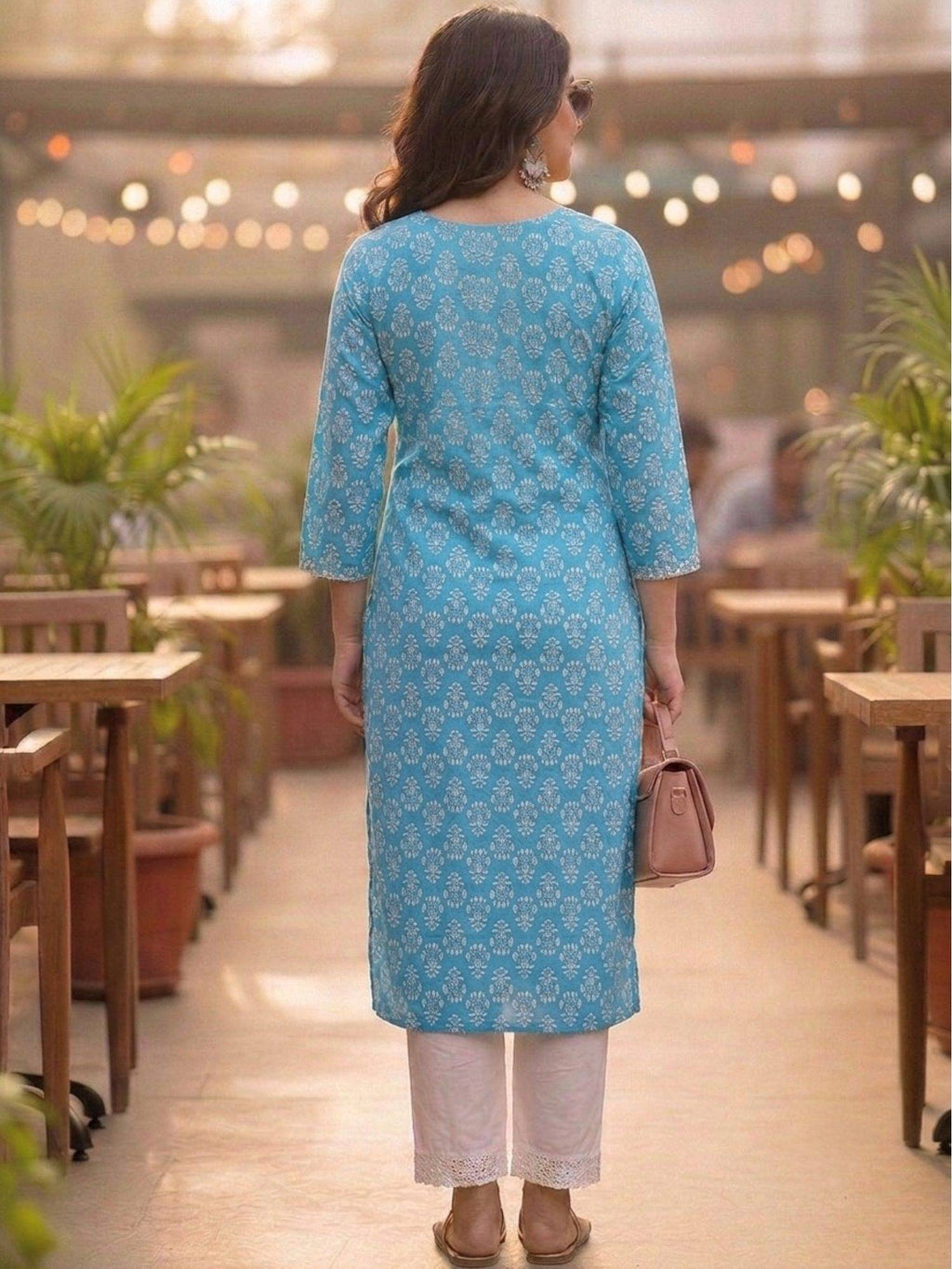 Blue Cotton Printed Embroidered Kurta | FY93 - view 2