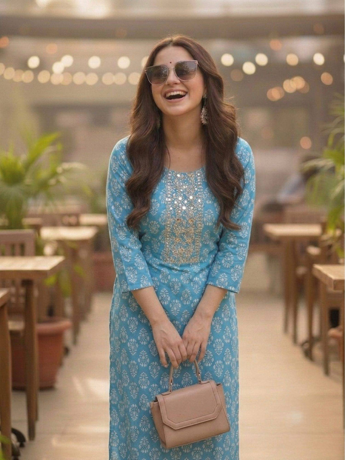 Blue Cotton Printed Embroidered Kurta | U3S - view 3