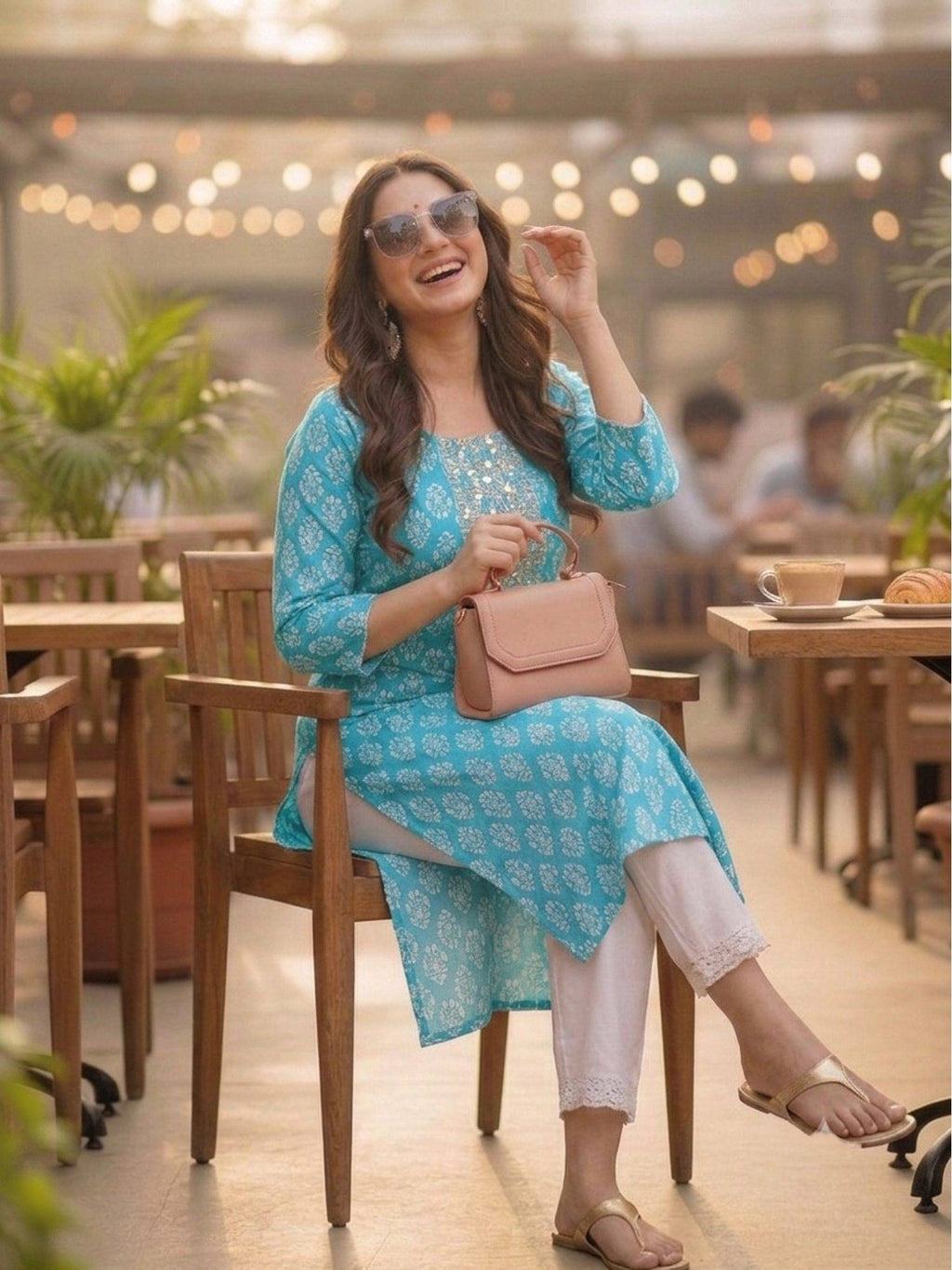 Blue Cotton Printed Embroidered Kurta | U3S - view 4
