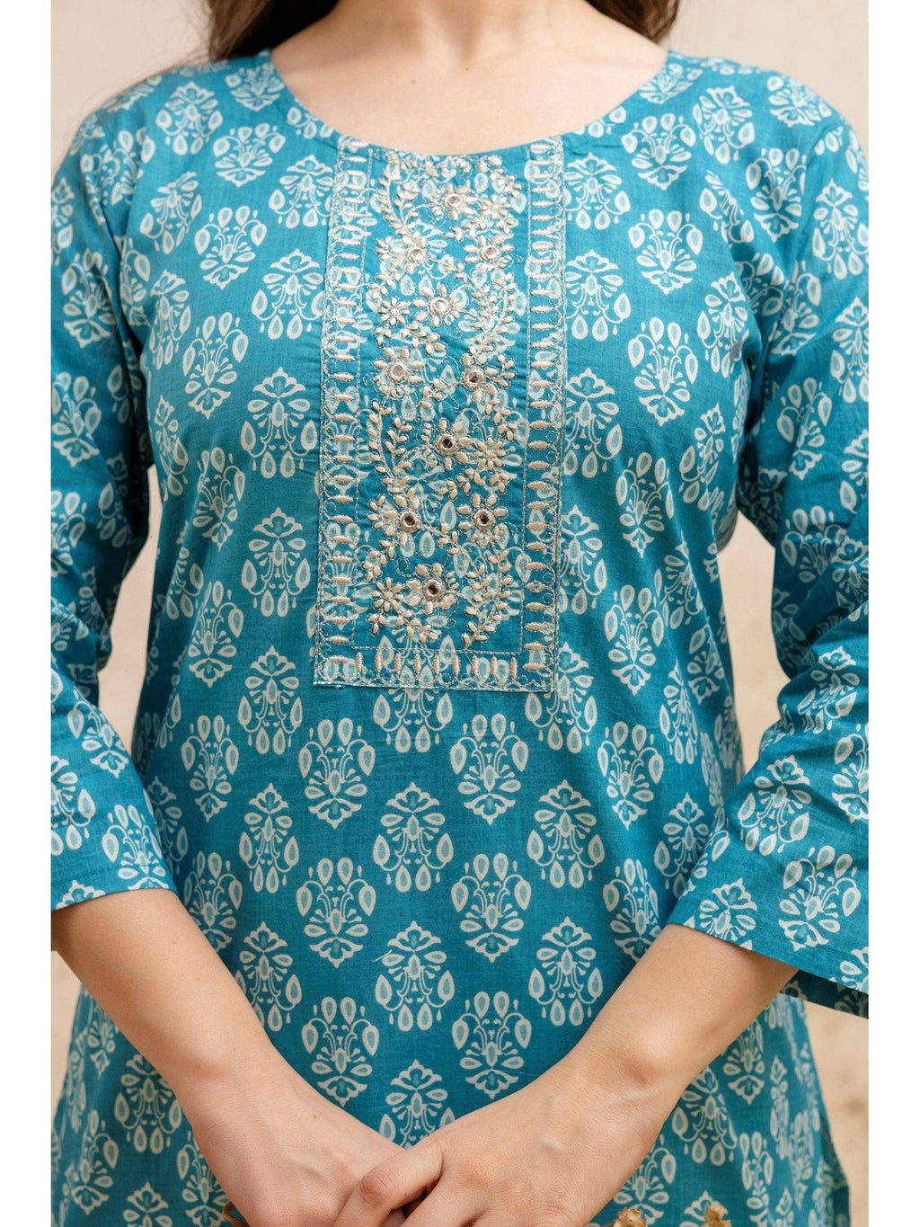 Blue Cotton Printed Embroidered Kurta | KDG - view 5