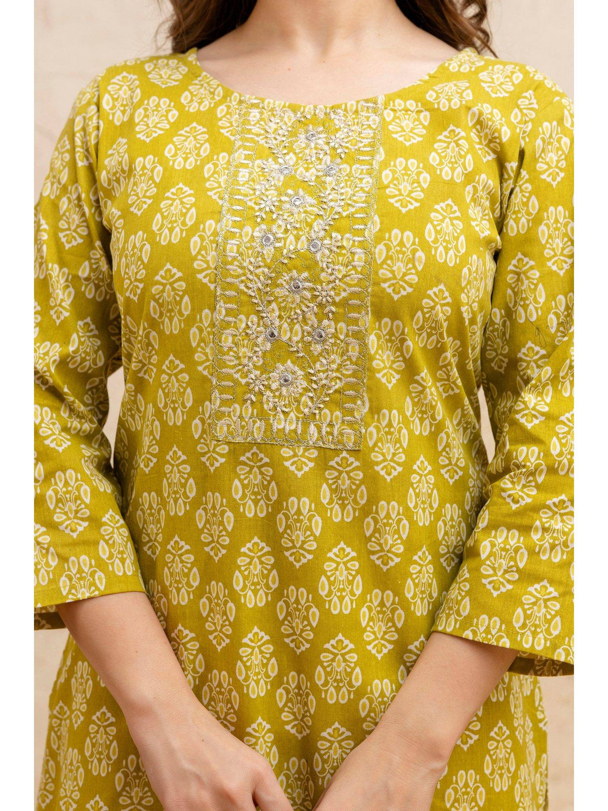 Green Cotton Printed Embroidered Kurta | KDG - view 5
