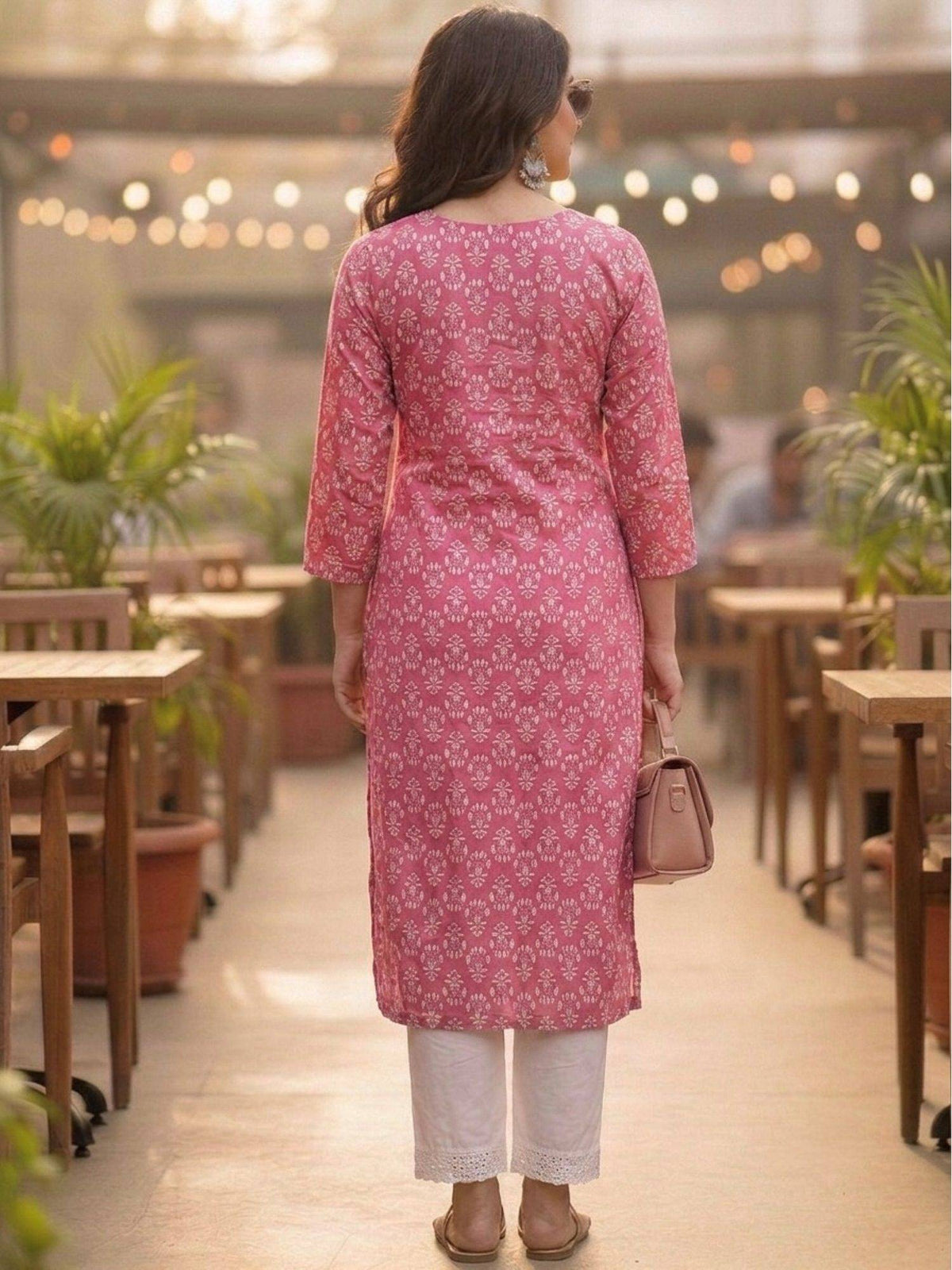 Pink Cotton Printed Embroidered Kurta | U3S - view 2