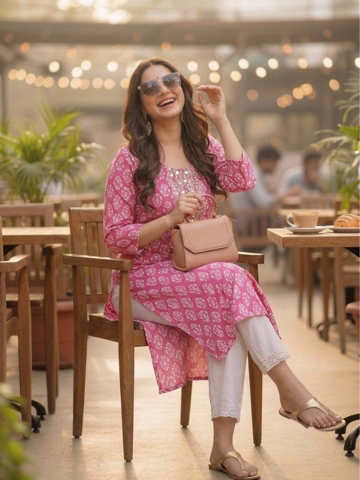 Pink Cotton Printed Embroidered Kurta | U3S - view 4