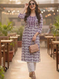 Purple Cotton Printed Embroidered Kurta | KDG - view 1
